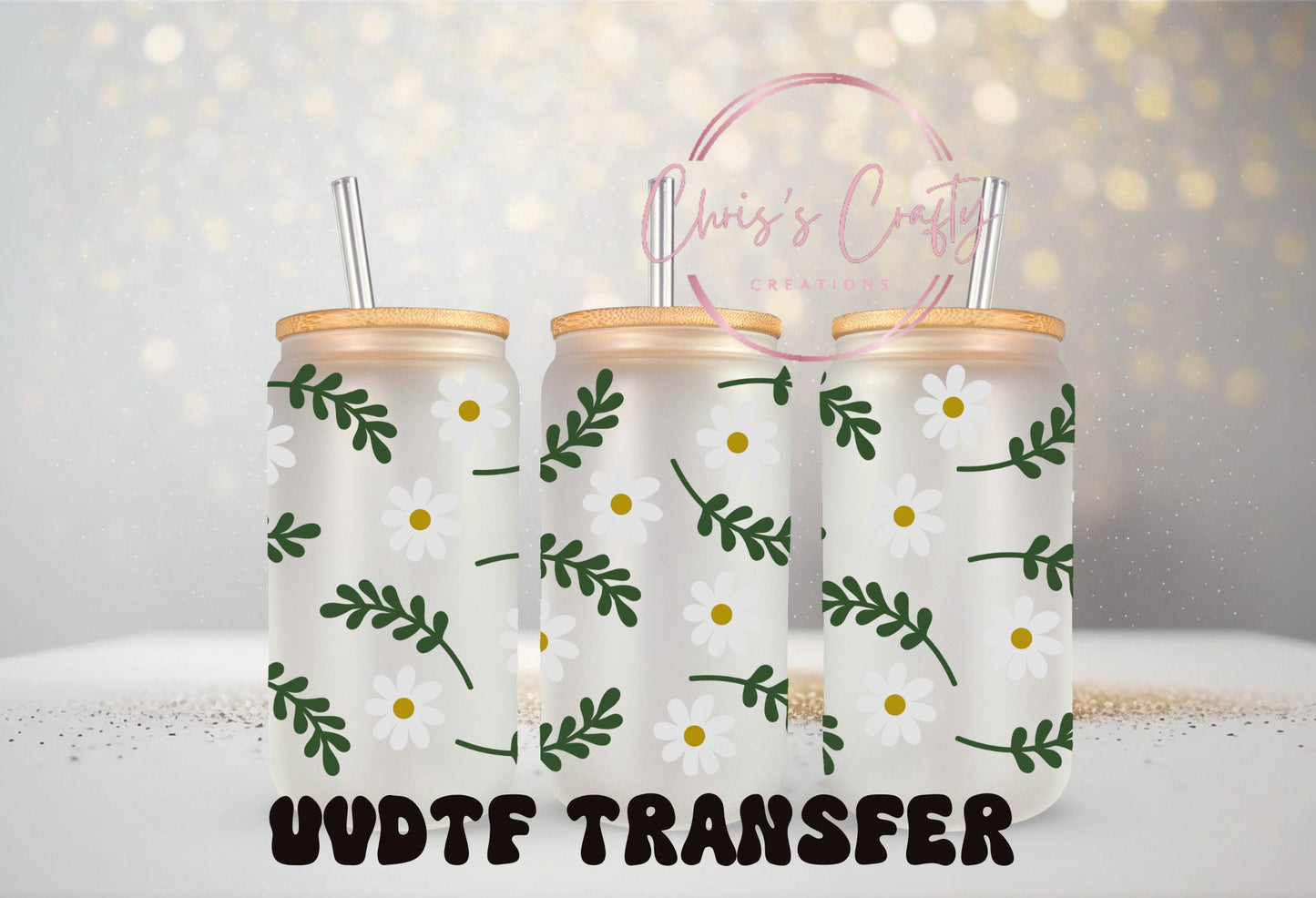 UVDTF Wrap Garden Daisy 20oz Can Glass Mug Tumbler, Floral Wrap, Ready to apply, Permanent Adhesive Waterproof, Double Sided Option