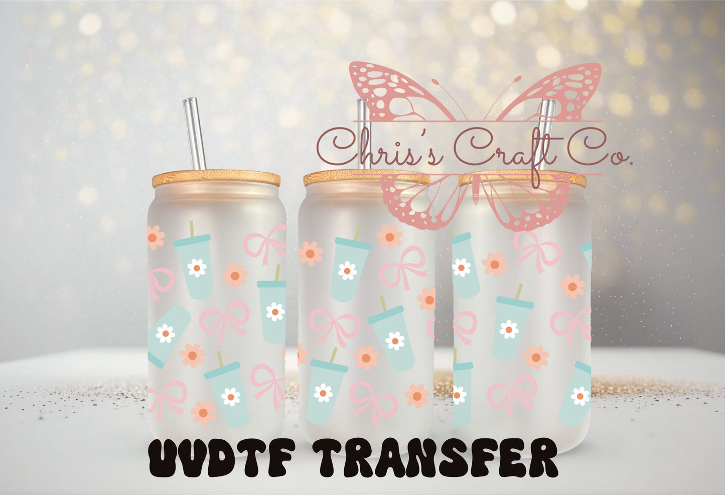 UVDTF Wrap Blue Tumbler Daisies 16oz Can Glass Mug Tumbler,  Ready to apply, Permanent Waterproof Adhesive