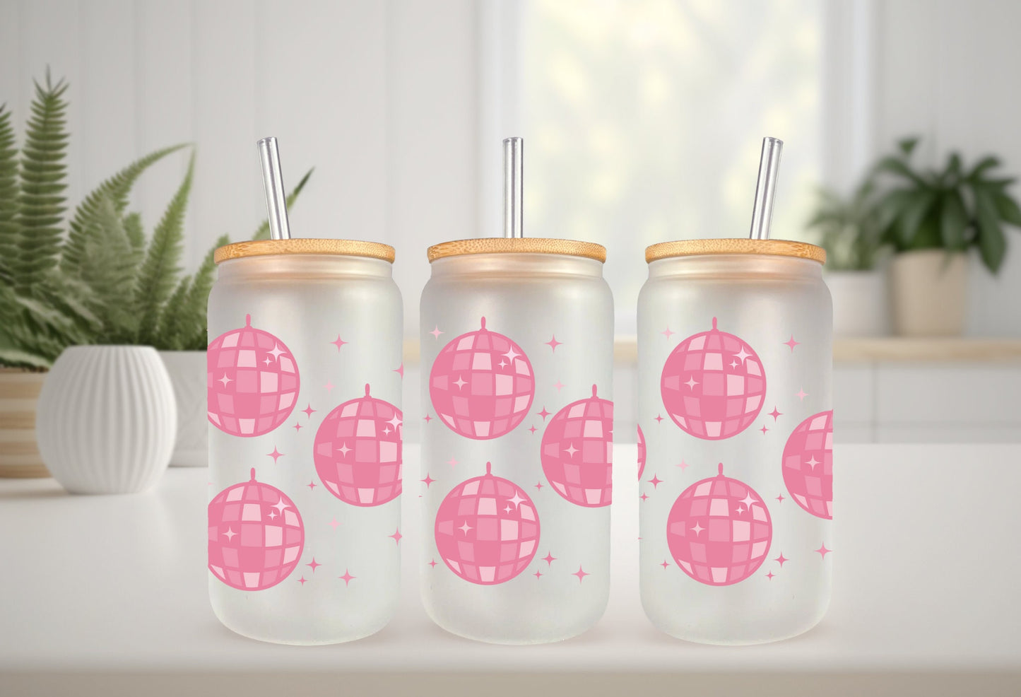 UVDTF Wrap Pink Disco Ball  16 oz Can Glass Mug Tumbler, Ready to apply, Permanent Waterproof Adhesive, Add on a Can Glass