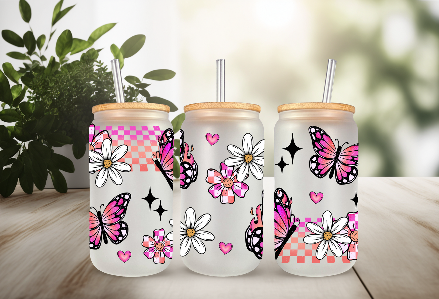 UVDTF Wrap Butterfly Daisy Checker for 16oz Can Glass Mug Tumbler, Butterfly Wrap, Ready to apply, Permanent Waterproof Adhesive