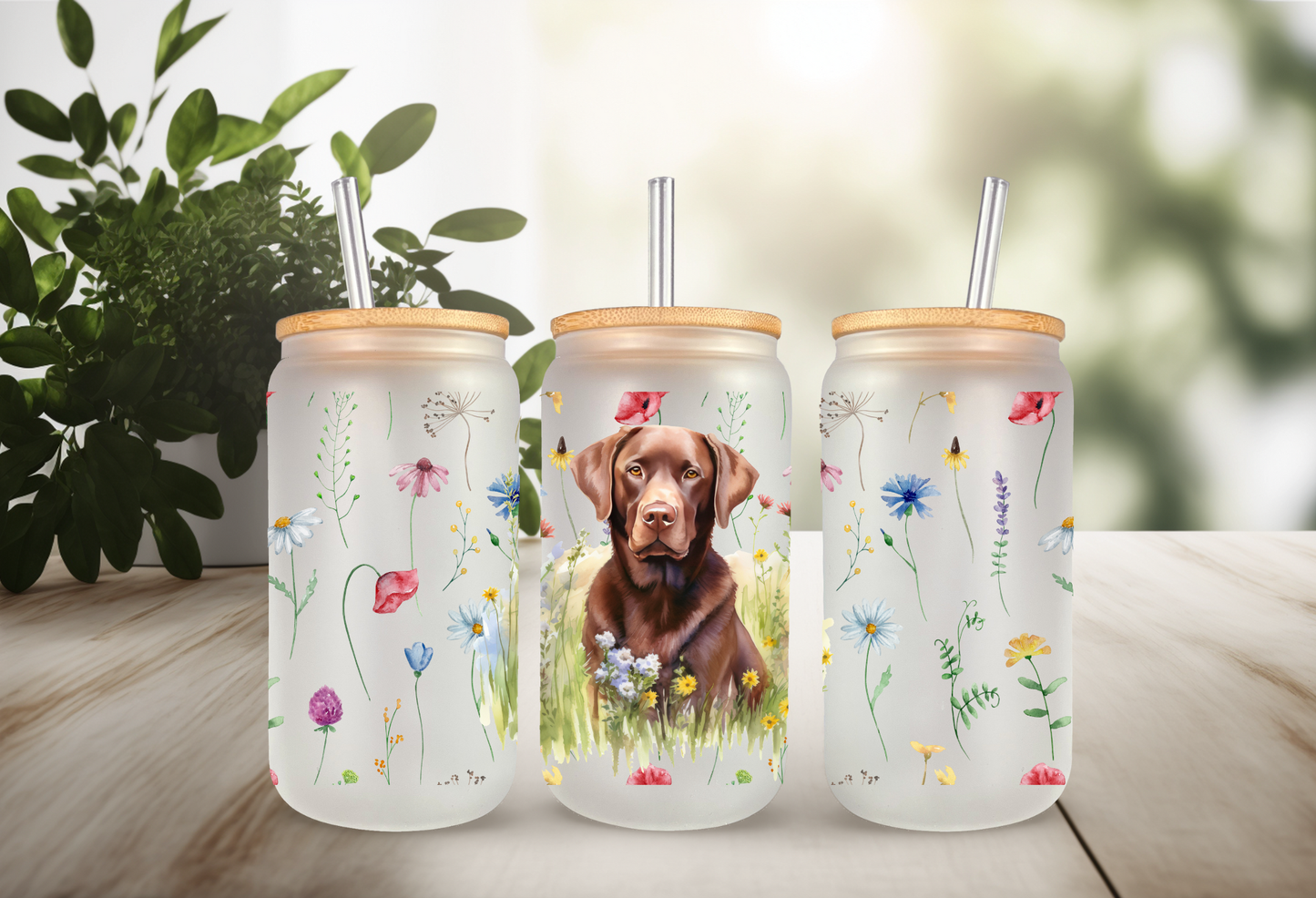 UVDTF Wrap Chocolate Lab Floral 16oz Can Glass Mug Tumbler, Dog Wrap, Ready to apply, Permanent Waterproof Adhesive