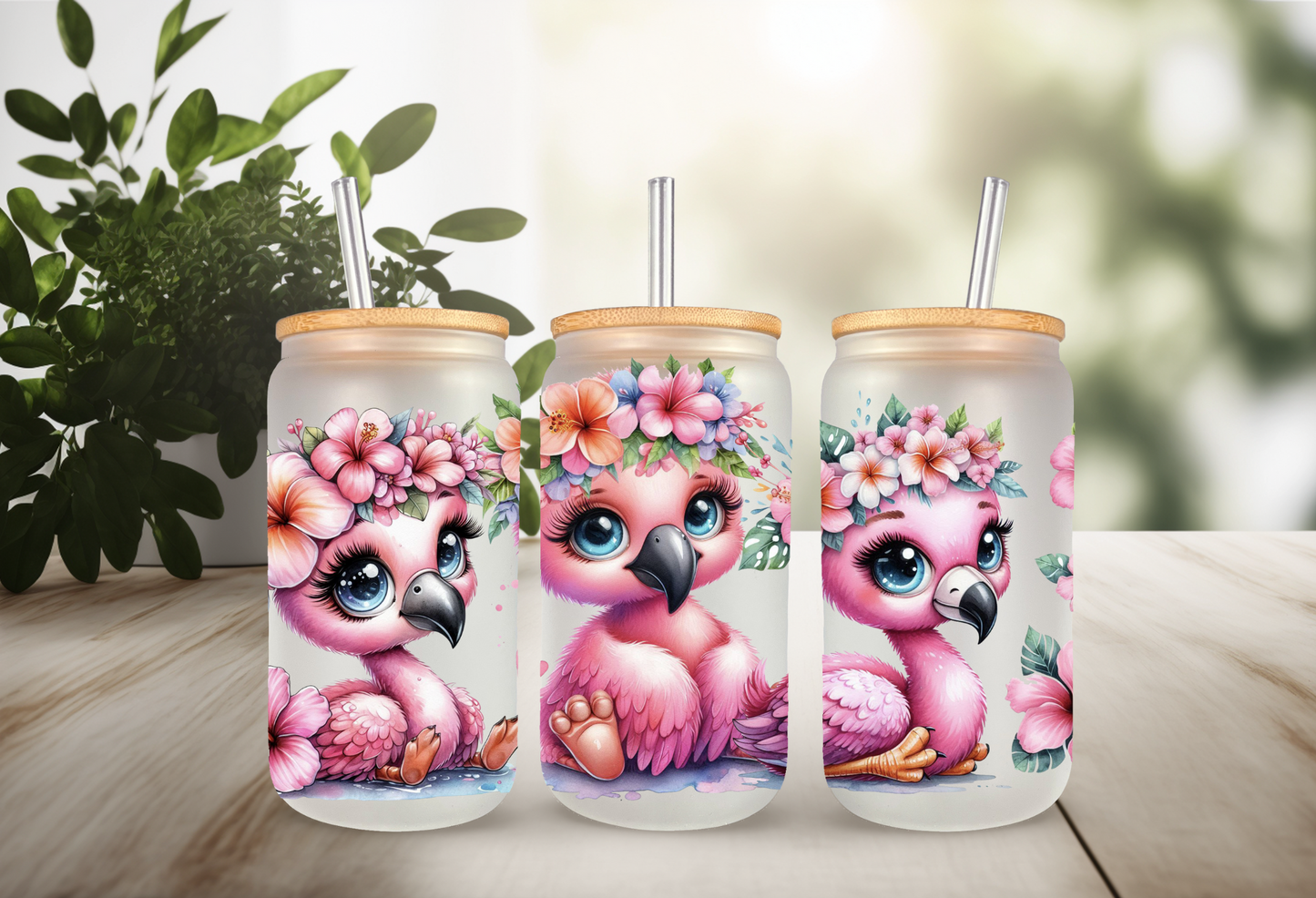 Floral Pink Flamingo UVDTF Wrap For 16oz Can Glass Tumbler, Ready to apply, Permanent Waterproof Adhesive