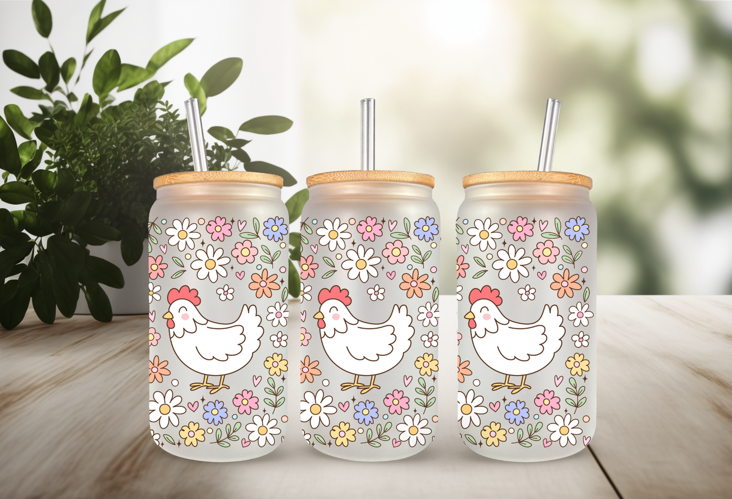 UVDTF Wrap Floral Chicken 16oz Can Glass Mug Tumbler Wrap, Ready to apply, Permanent Waterproof Adhesive, Double sided option