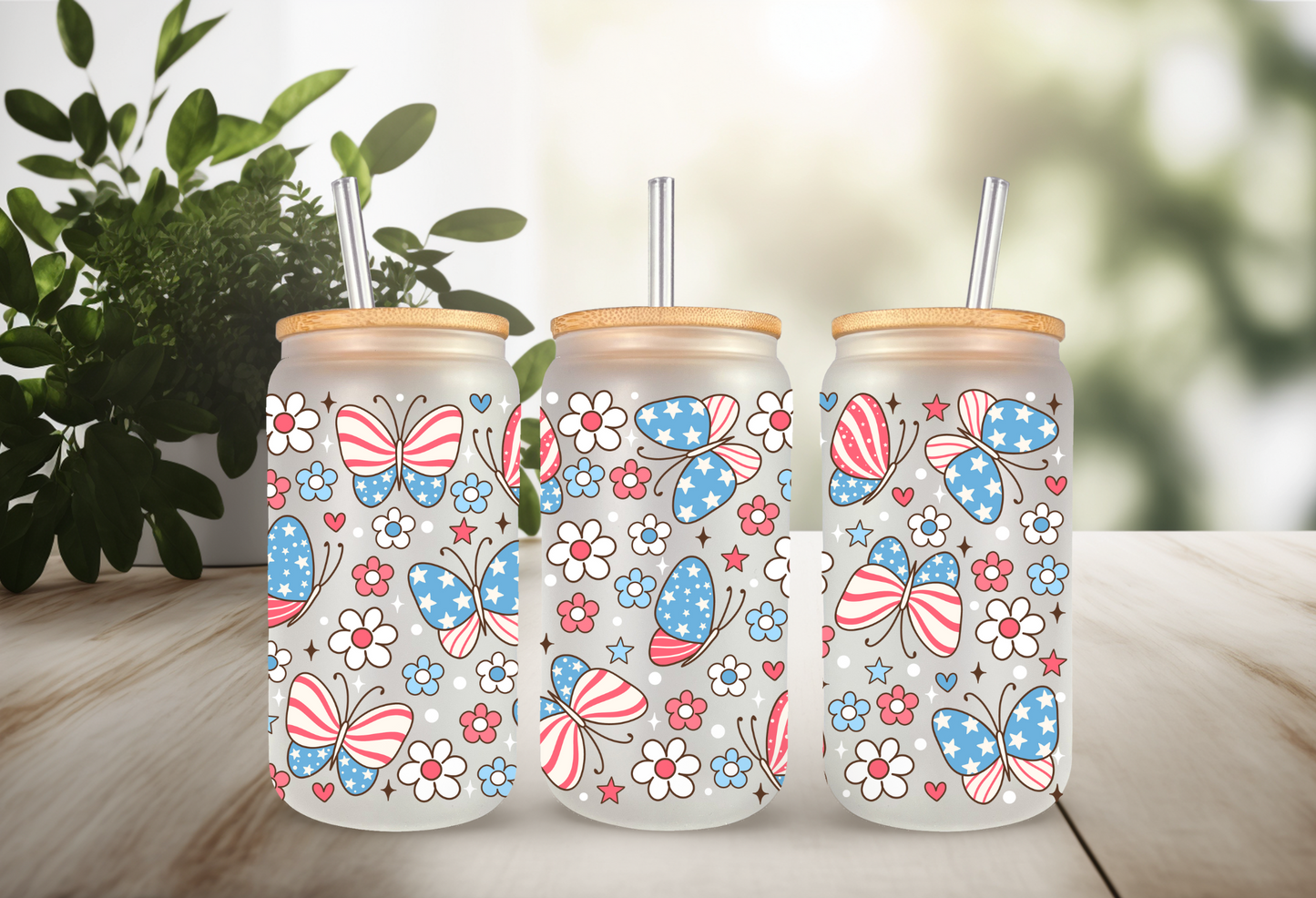 UVDTF Wrap Patriotic Butterfly 16oz Can Glass Mug Tumbler, Ready to apply, Permanent Waterproof Adhesive