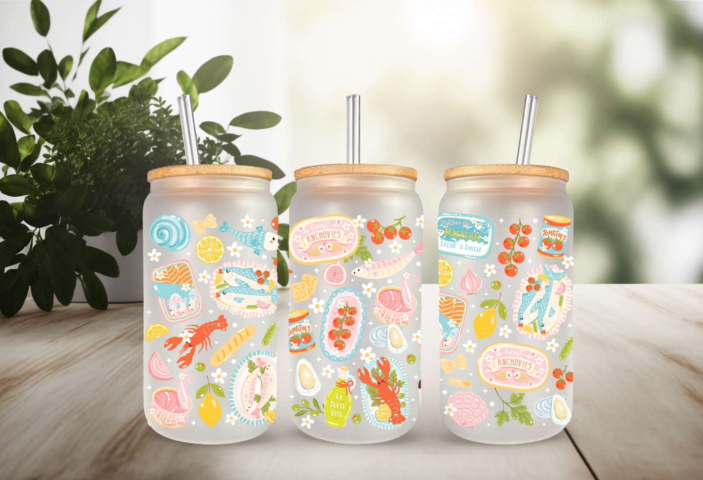 UVDTF Wrap Seafood Broil 16oz Can Glass Mug Tumbler Wrap, Ready to apply, Permanent Waterproof Adhesive, Double sided option