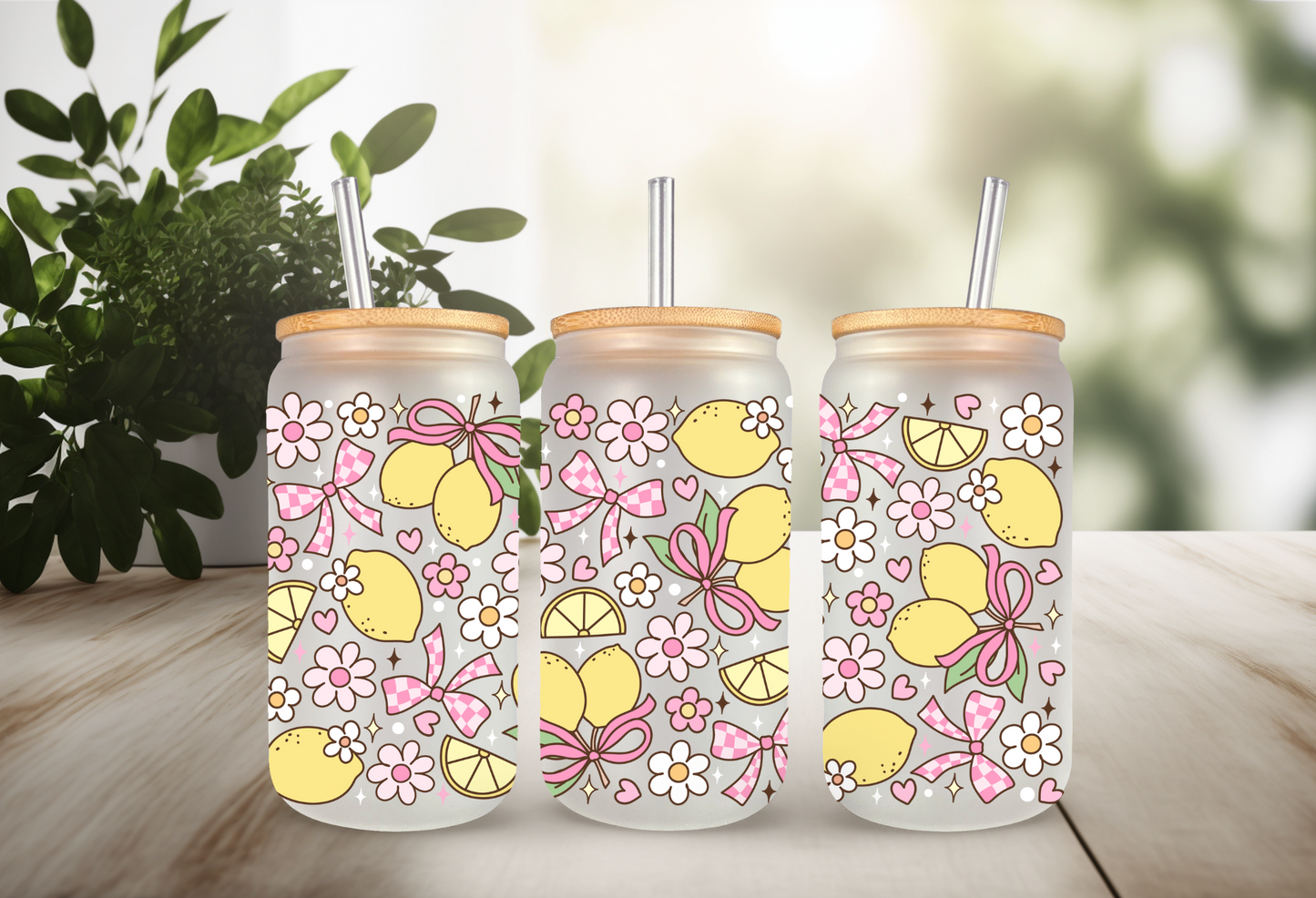 UVDTF Wrap Lemon Daisy Bow Checkered for 16oz Can Glass Mug Tumbler, Ready to apply, Permanent Waterproof Adhesive