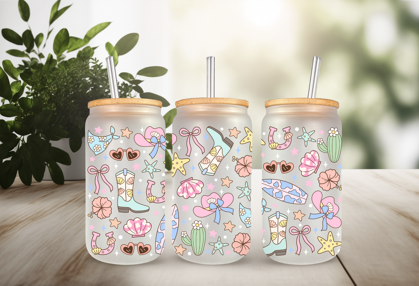 UVDTF Wrap Coastal Cowgirl for 16oz Can Glass Mug Tumbler, Daisy Wrap, Ready to Apply, Permanent Waterproof Adhesive