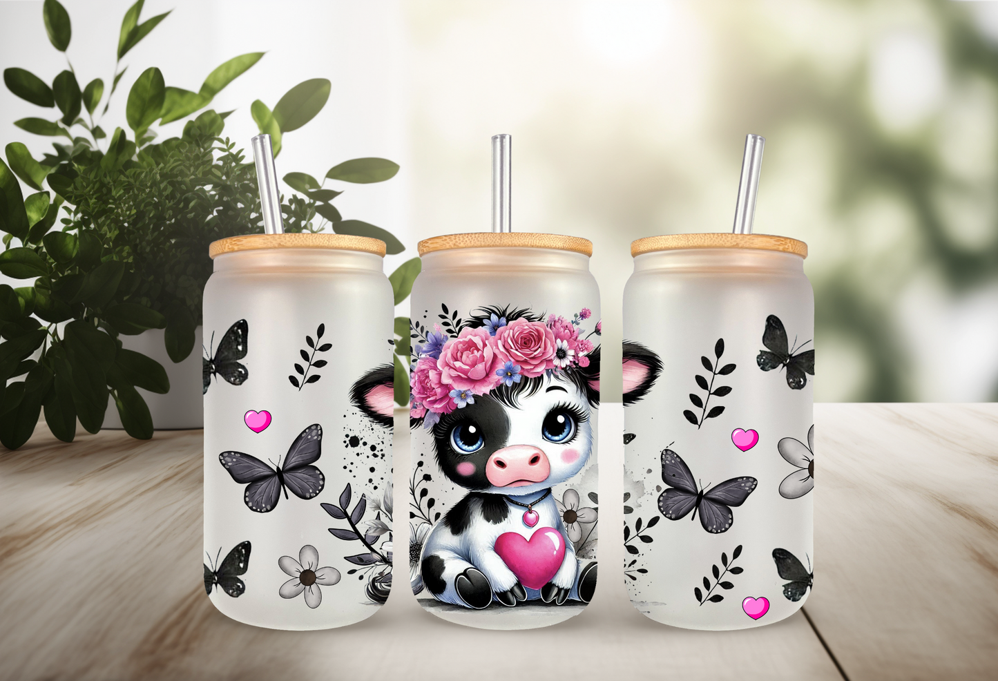 UVDTF Wrap Cute Cow Floral Butterfly For 16oz Can Glass Mug Tumbler, Ready to Apply, Permanent Waterproof Adhesive