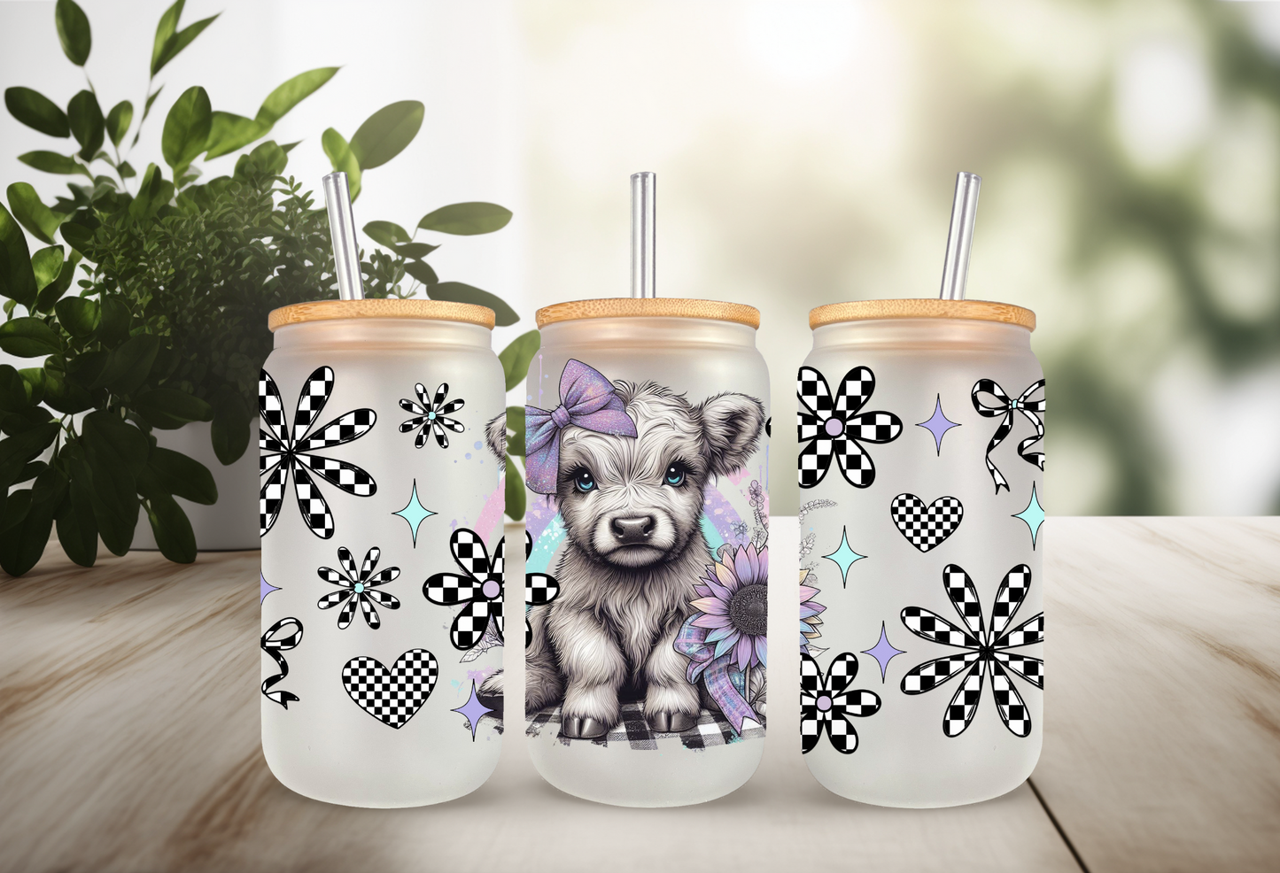 UVDTF Wrap Highland Cow Checkered Daisy 16oz Can Glass Mug Tumbler Wrap, Ready to apply, Permanent Adhesive