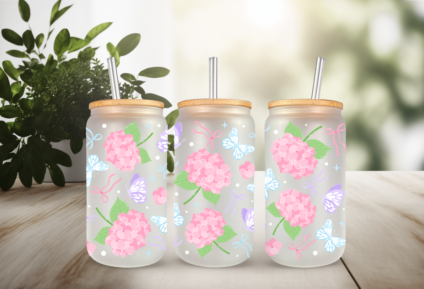 UVDTF Wrap Pink Hydrangea Butterfly 16oz Can Glass Mug Tumbler, Ready to apply, Permanent Waterproof Adhesive