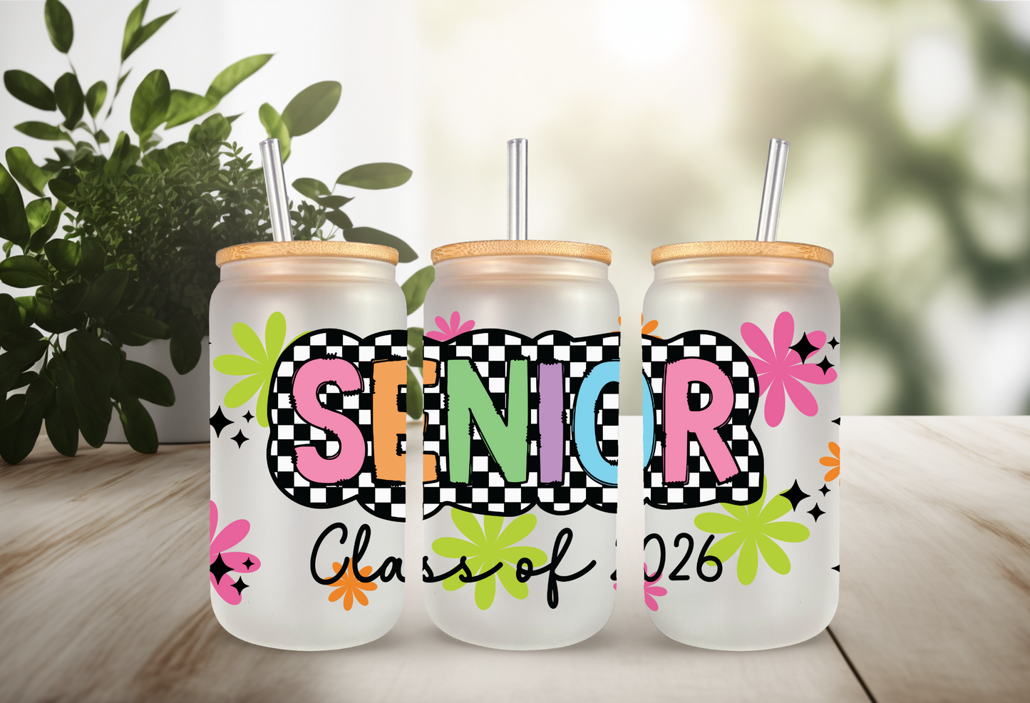 UVDTF Wrap Senior 2026 Checkered for 16oz Can Glass Mug Tumbler, Ready to Apply, Permanent Adhesive, Exclusive