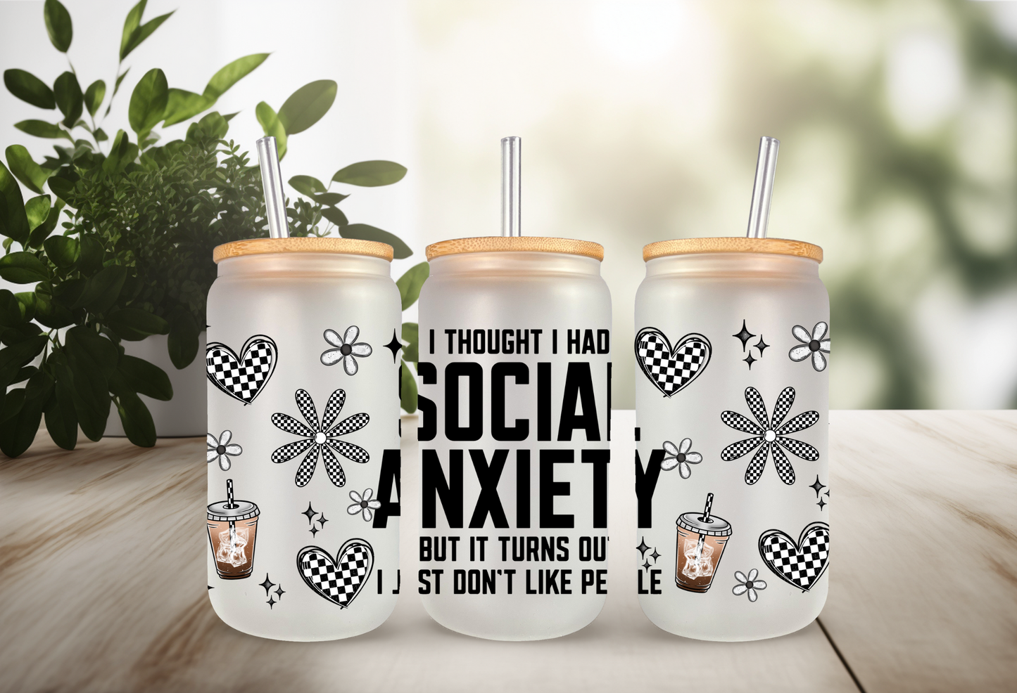 UVDTF Wrap Social Anxiety for 16oz Can Glass Mug Tumbler, Funny Sarcastic, Checkered Design, Ready to Apply, Permanent Waterproof Adhesive