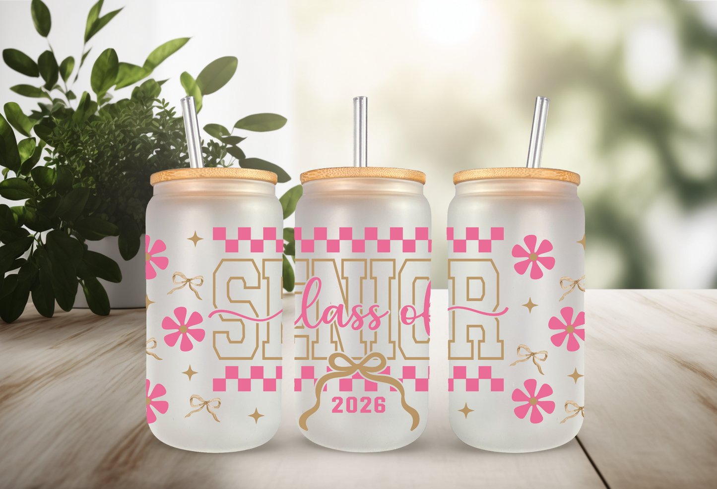 UVDTF Wrap Senior 2026 Checker and Bows for 16oz Can Glass, Mug Tumbler, Ready to Apply, Permanent Adhesive, Exclusive