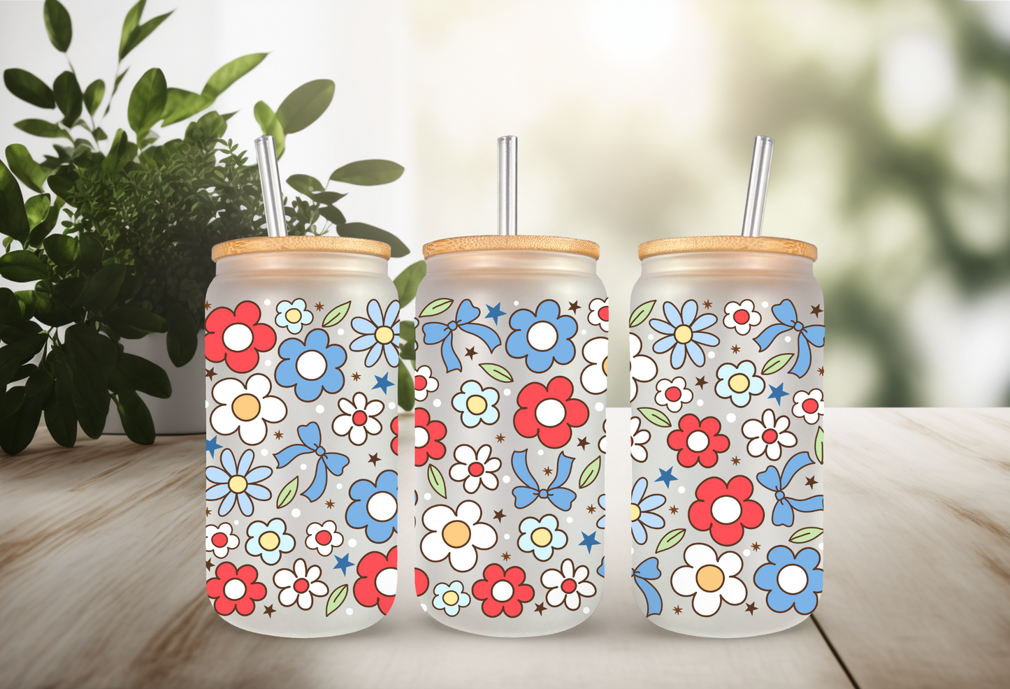 UVDTF Wrap Floral Independence Day 16oz Can Glass Mug Tumbler, Ready to apply, Permanent Waterproof Adhesive