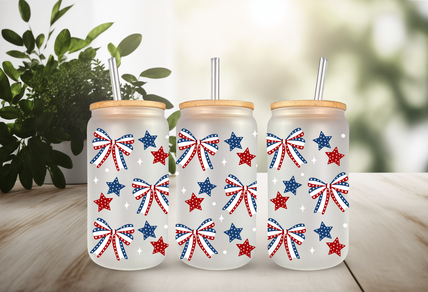 UVDTF Wrap 4th of July Bows Stars 16oz Can Glass Mug Tumbler, Ready to apply, Permanent Waterproof Adhesive