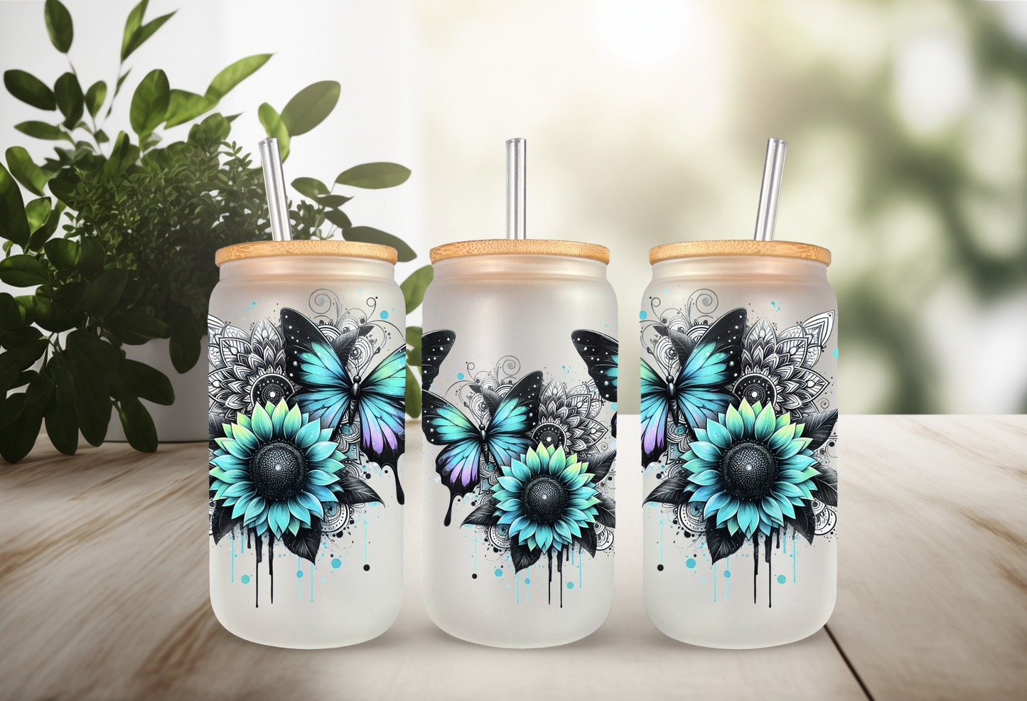 Butterfly Sunflower UV DTF Wrap For 16oz Can Glass Tumbler Full Wrap Permanent Decal Iced Coffee Cup Decor DIY Craft Supply