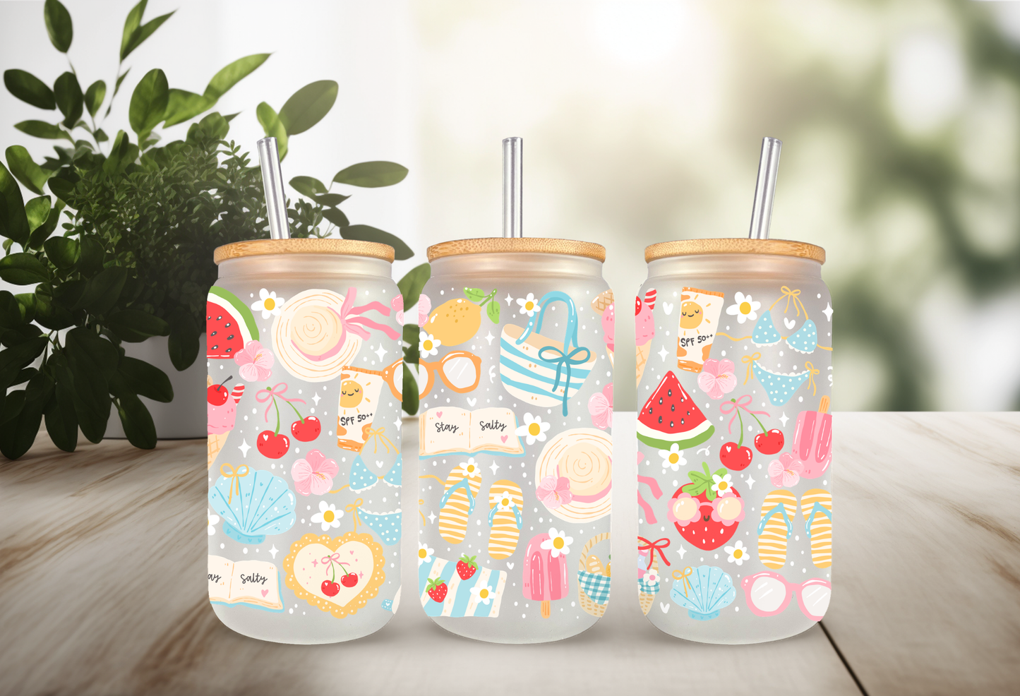 Mockup of a 16oz can glass wrap featuring retro summer elements including a Stay Salty motel key tag, sunglasses, smiling cherries, and flip flops on a clear background.