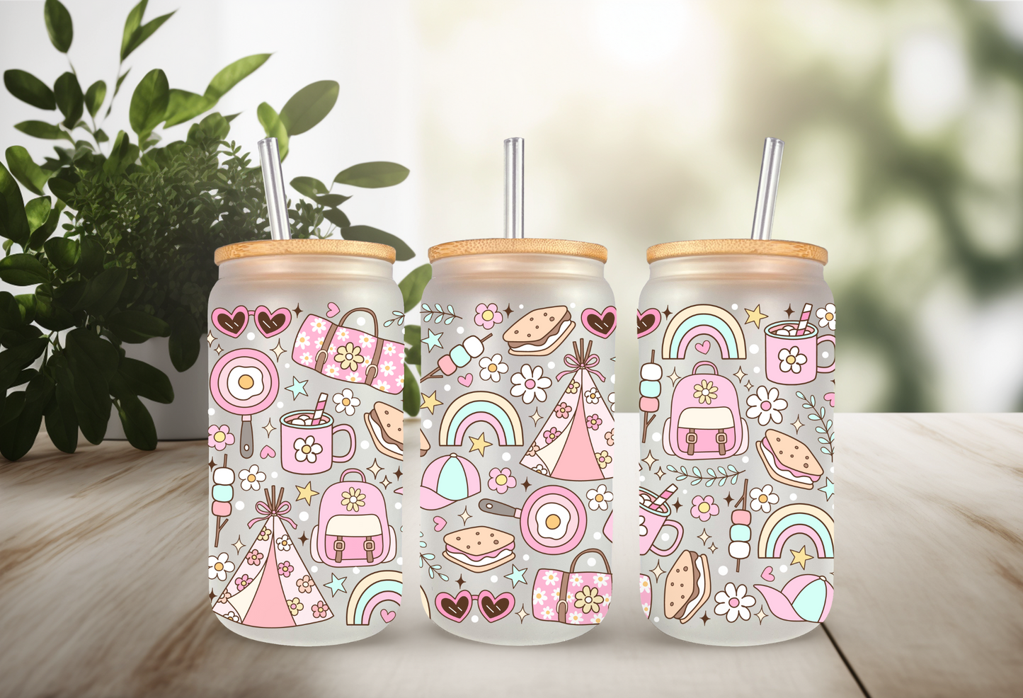 UVDTF Wrap Girly Camp 16oz Can Glass Mug Tumbler, Ready to apply, Camp Wrap, Permanent Waterproof Adhesive