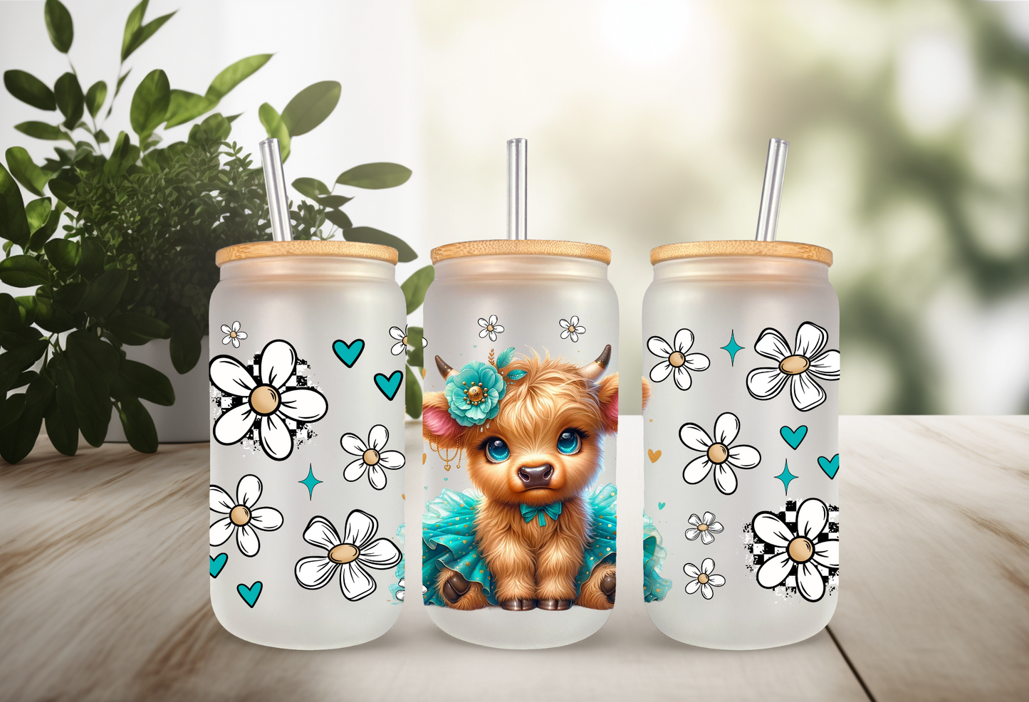 UVDTF Wrap Highland Cow Teal Tutu Daisy 16oz Can Glass Mug Tumbler Wrap, Ready to apply, Permanent Adhesive