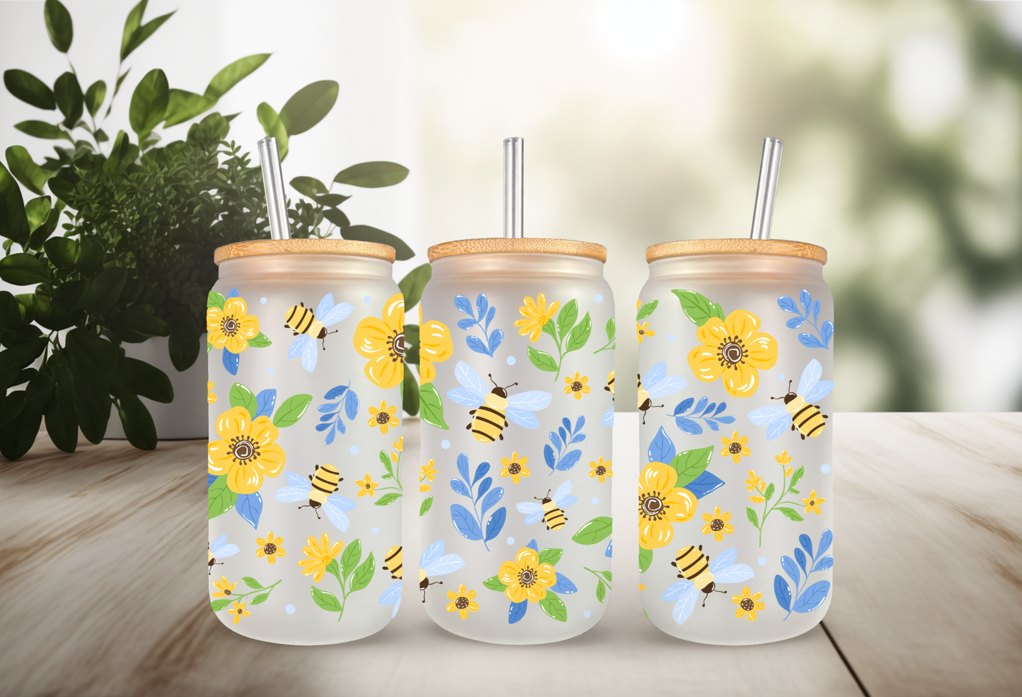 UVDTF Wrap Bees Flowers Floral Wrap for 16oz Can Glass Mug Tumbler, Ready to apply, Permanent Waterproof Adhesive