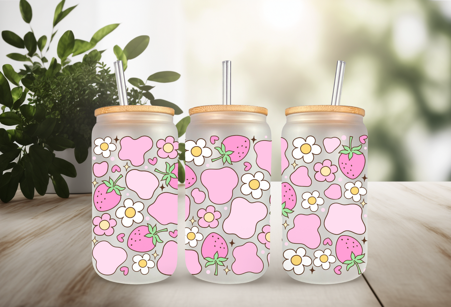 UVDTF Wrap Strawberry Cow Print Daisy 16oz Can Glass Mug Tumbler, Strawberry Wrap, Ready to apply, Permanent Waterproof Adhesive