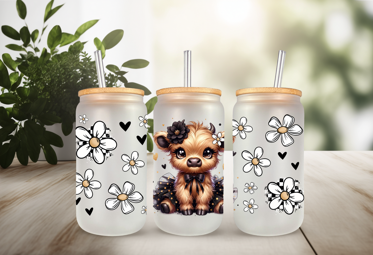 UVDTF Wrap Highland Cow Black Tutu Daisy 16oz Can Glass Mug Tumbler Wrap, Ready to apply, Permanent Adhesive
