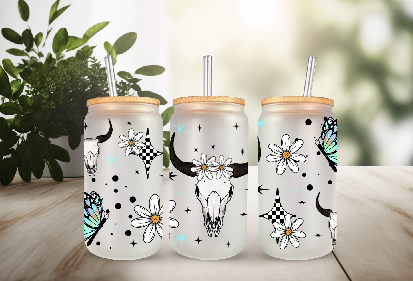 UVDTF Wrap Daisy Butterfly Cow Skull for 16oz Can Glass Mug Tumbler, Ready to apply, Permanent Waterproof Adhesive, Double Sided Option