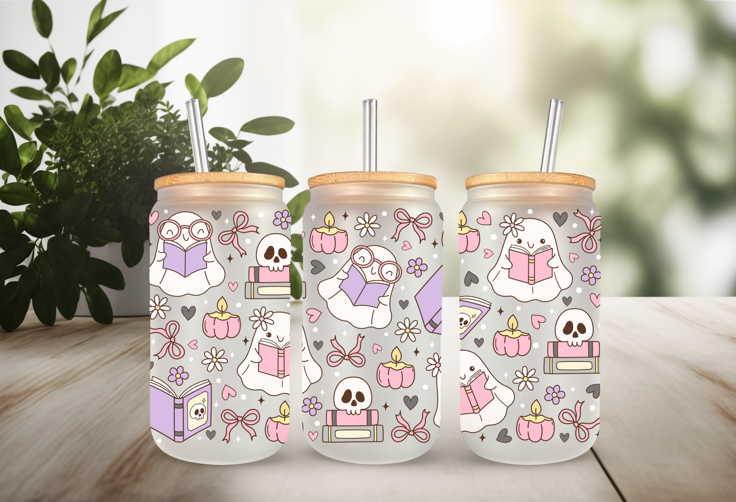 UVDTF Wrap floral Ghost Books 16oz Can Glass Mug Tumbler Wrap, Ready to apply, Permanent Waterproof Adhesive, Double sided option (Copy)
