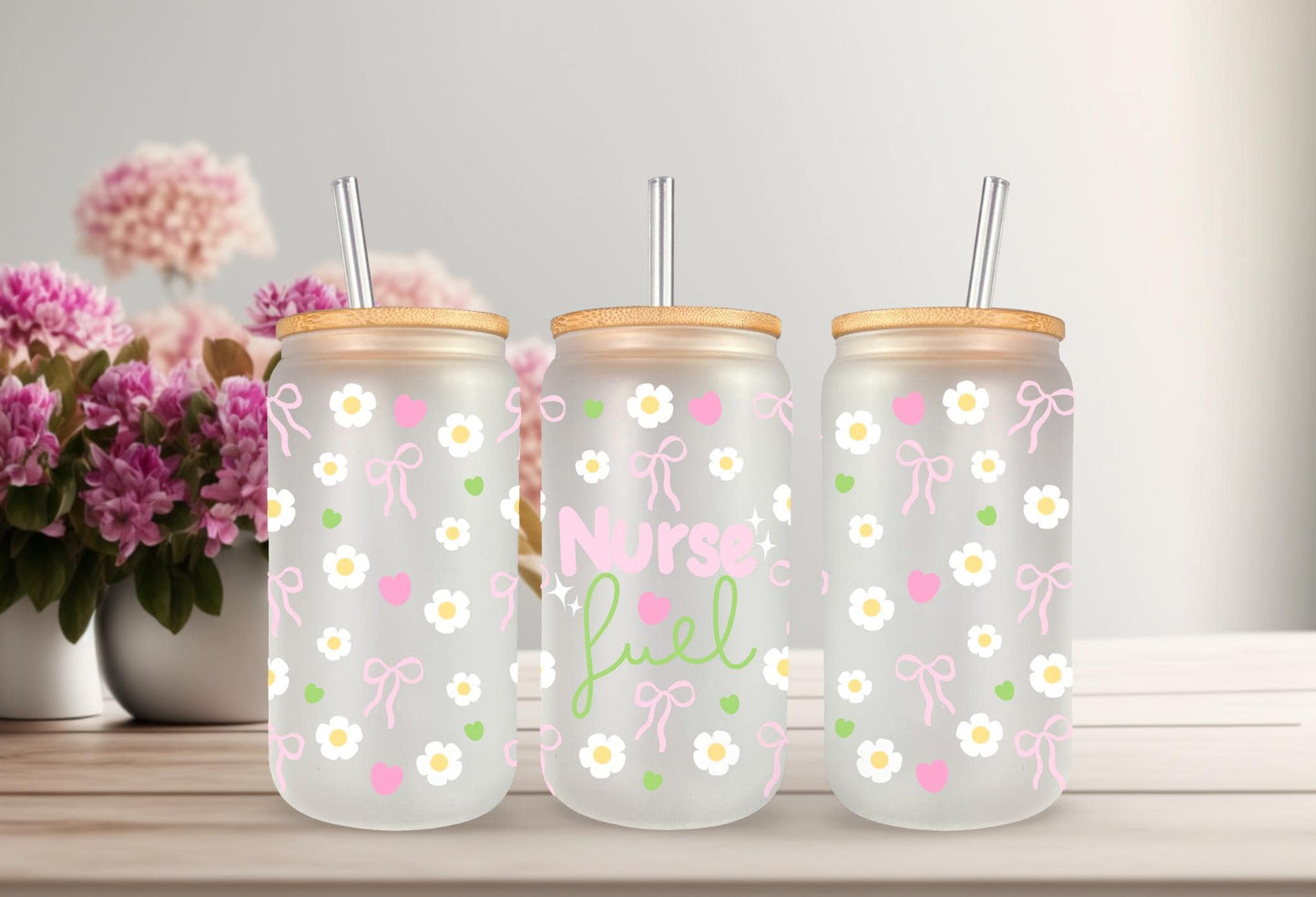 UVDTF Wrap Nurse Fuel Pastel Bow 16oz Can Glass Mug Tumbler, Medical Wrap, Ready to Apply, Permanent Waterproof Adhesive