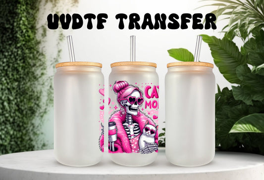 UVDTF Decal Cat Mom Retro Skeleton It’s a Throat P*nch Kind of Day 16oz Can Glass Mug Tumbler, Ready to Apply, Permanent Waterproof Adhesive