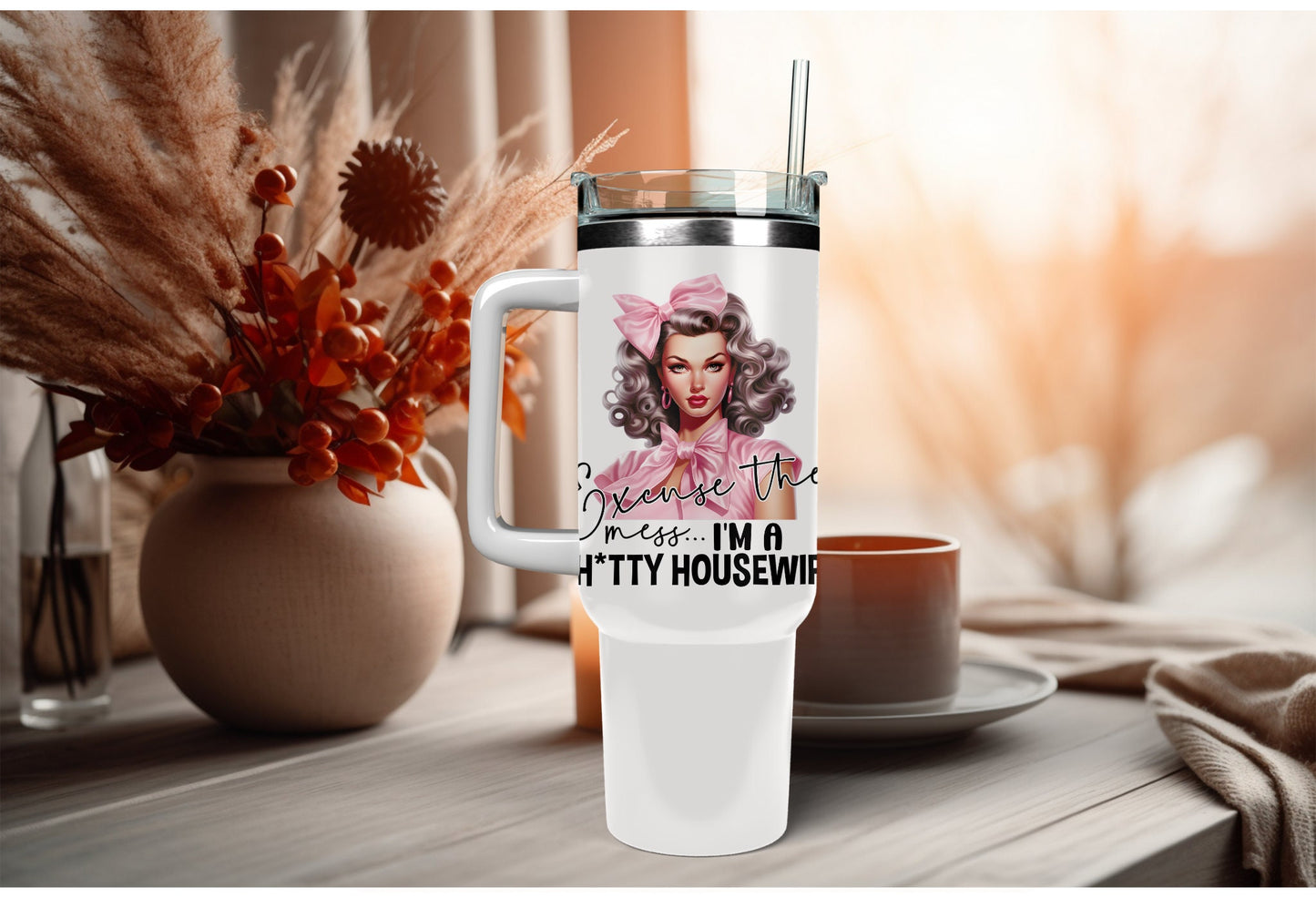 UVDTF Decal Excuse the Mess I'm a Sh*tty Housewife 16oz Can Glass 40oz Tumbler or Mug, Funny, Ready to Apply, Permanent Waterproof Adhesive