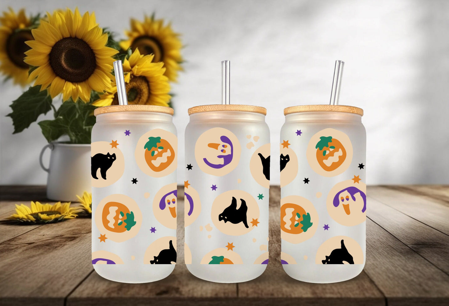 UVDTF Wrap Halloween Ghost Pumpkin Cat Cookies for 16oz Can Glass Mug Tumbler, Ready to Apply, Permanent Waterproof Adhesive