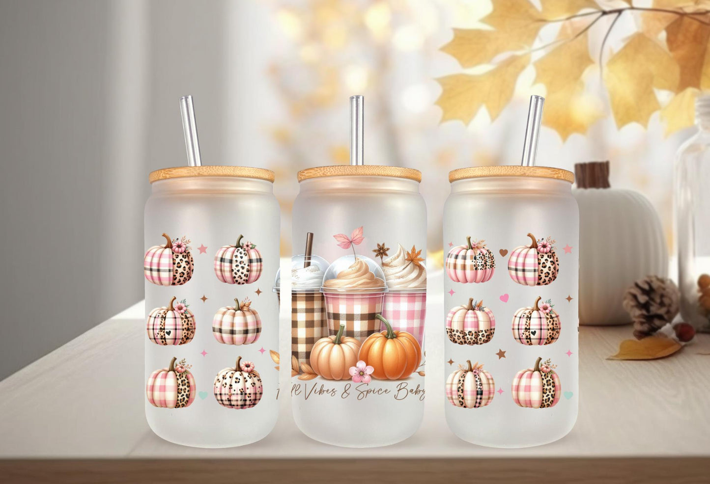 UVDTF Wrap Fall Vibes Spice Baby for 16oz Can Glass or 40oz Tumbler, Iced Coffee, Ready to apply, Permanent adhesive