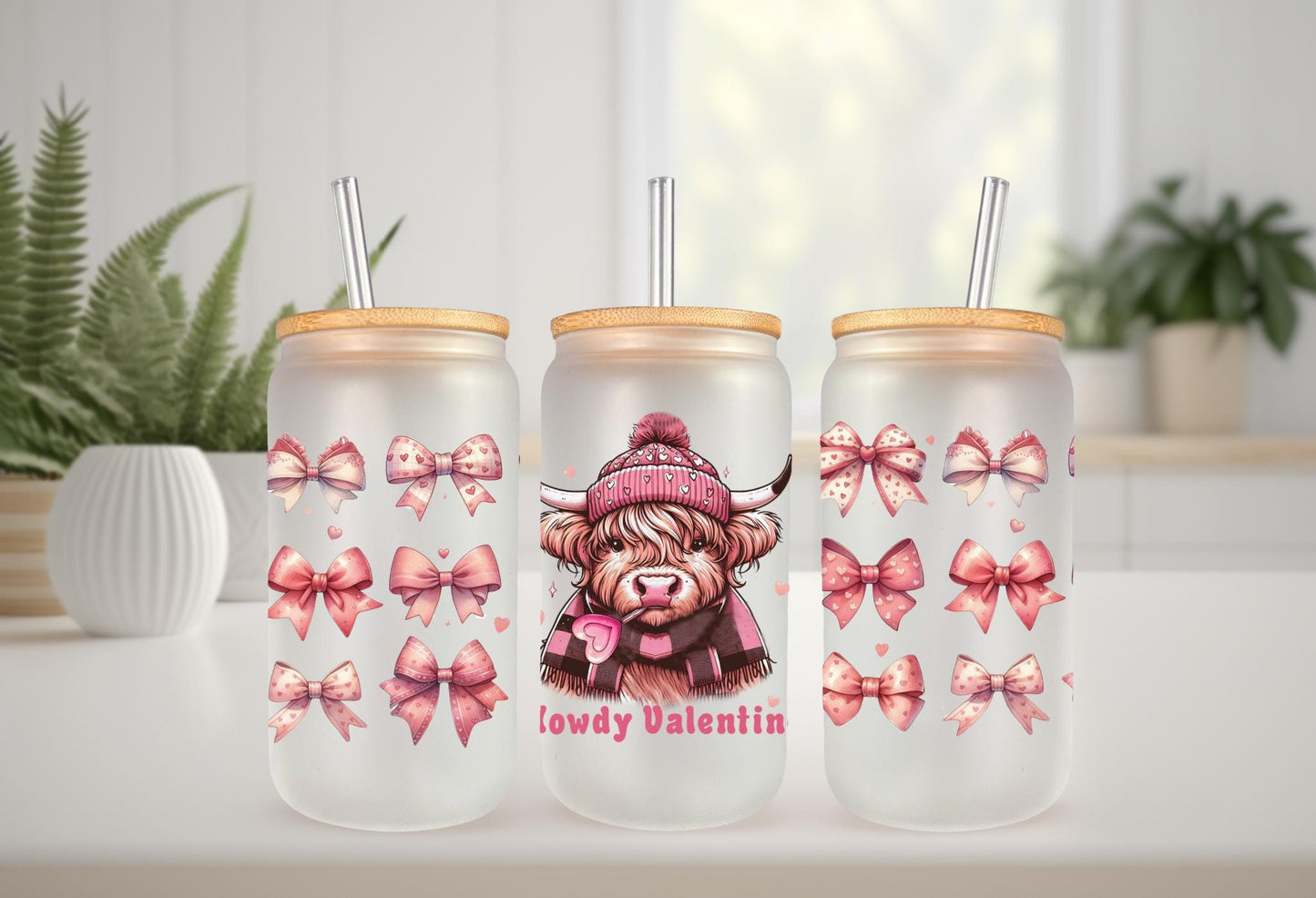 UVDTF Wrap Highland Cow Valentine Howdy 16oz Can Glass Mug Tumbler, Ready to Apply, Permanent Waterproof Adhesive