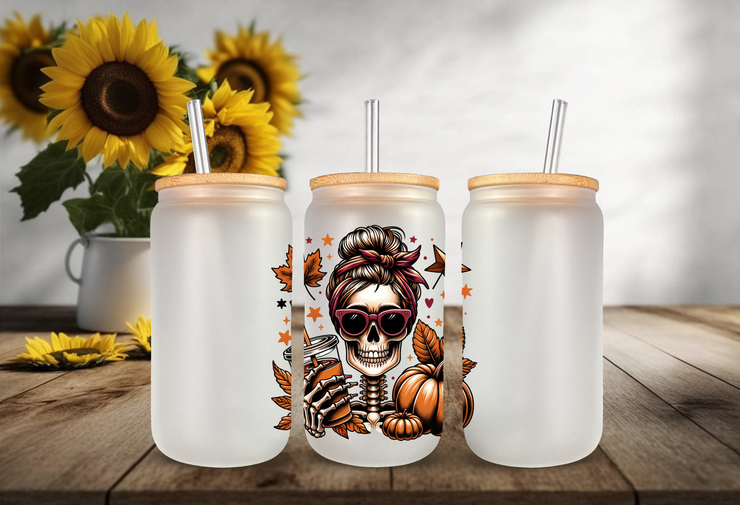 UVDTF Decal Fall Skeleton Pumpkin Iced Coffee 16oz Can Glass 40oz Tumbler or Mug, Ready to Apply, Permanent Waterproof Adhesive