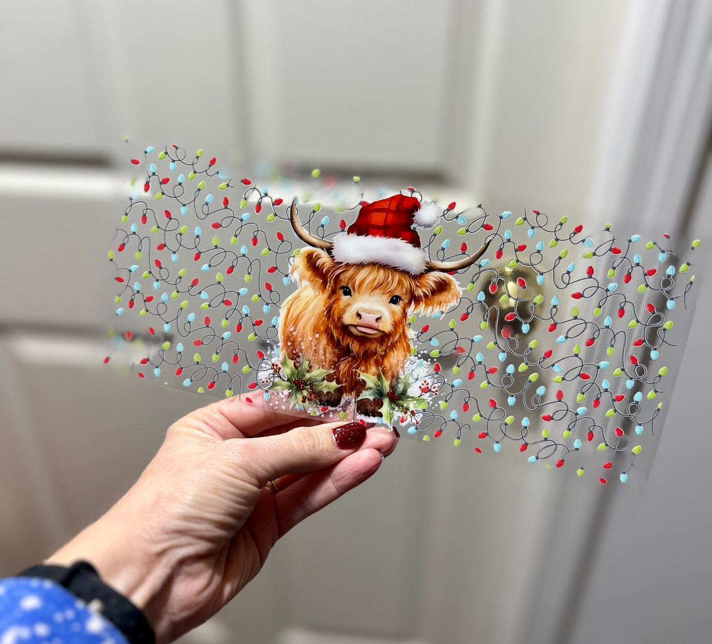 UVDTF Wrap Santa Highland Cow Christmas Lights 16oz Can Glass Mug or Tumbler, Christmas Wrap, Ready to apply , Permanent Waterproof Adhesive