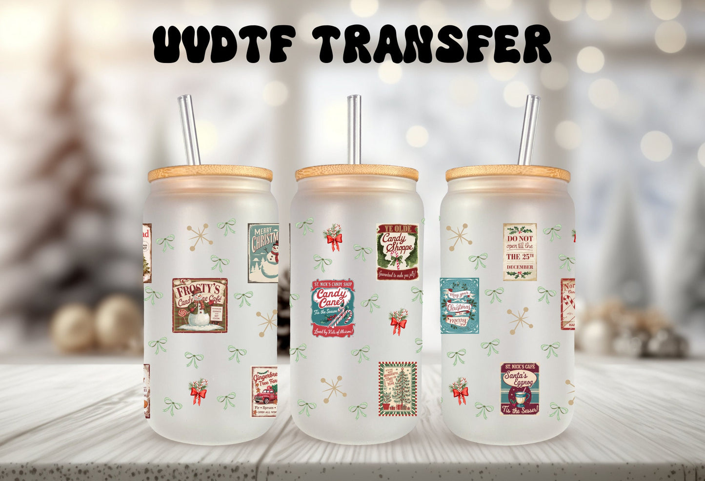 UVDTF Wrap Vintage Christmas Label Candy Canes Coquettes Bows 16oz Can Glass, Mug, Tumbler, Ready to apply, Christmas Wrap