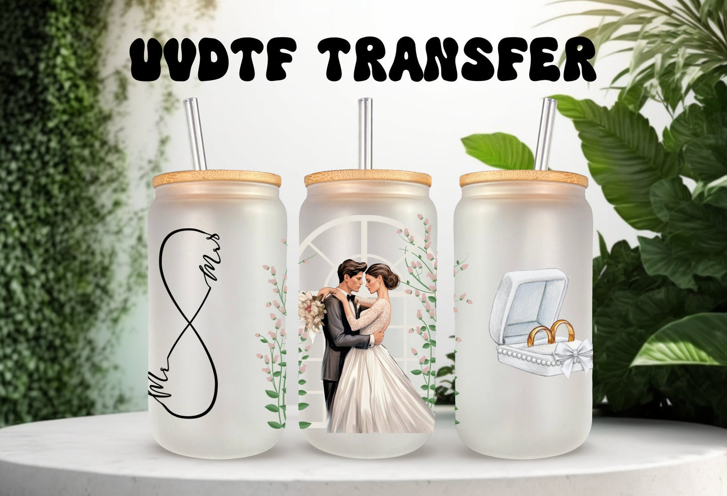 UVDTF Wrap Bride Mrs. & Mr. for 16oz Can Glass Mug Tumbler, Ready to Apply, Permanent Waterproof Adhesive