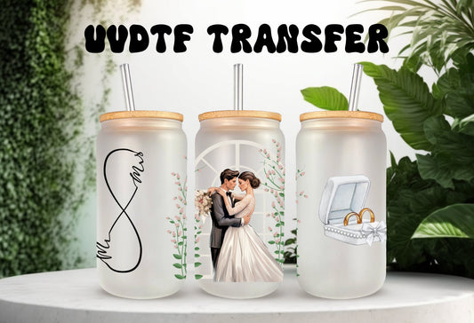 UVDTF Wrap Bride Mrs. & Mr. for 16oz Can Glass Mug Tumbler, Ready to Apply, Permanent Waterproof Adhesive