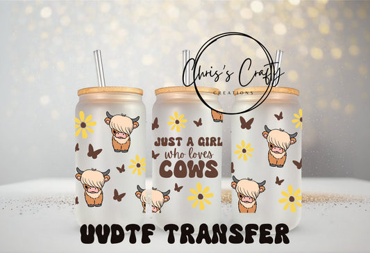UVDTF Wrap Highland Cow Just a Girl Who Loves Cows Exclusive for 16 oz can or 40 oz | Ready to Apply | Permanent Adhesive | Add on a cup