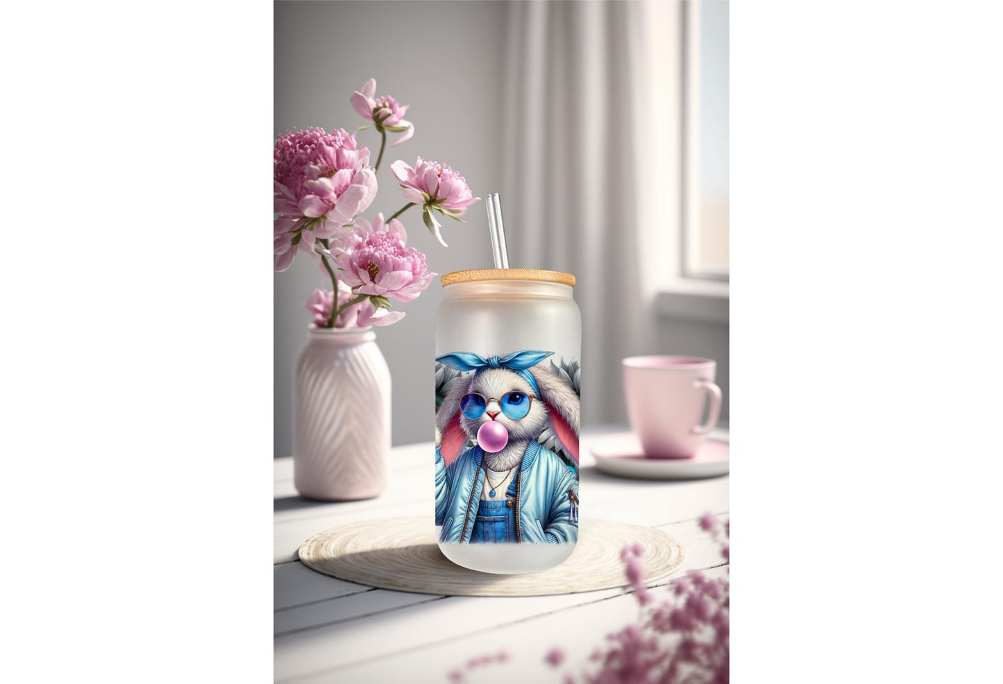 UVDTF Wrap Floral Bunny Bubble Gum 16oz Can Glass Mug Tumbler, Ready to Apply, Permanent Waterproof Adhesive