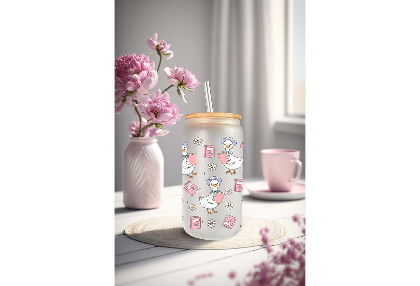 UVDTF Wrap Goose Books 16oz Can Glass Mug Tumbler Wrap, Geese Wrap, Ready to apply, Permanent Adhesive, Double sided option