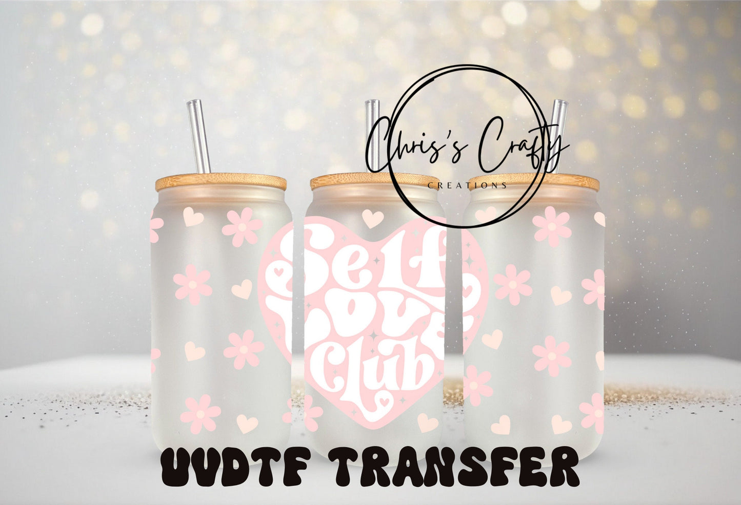UVDTF WRAPS Valentine Pink Hearts Bundle Set of 4 for 16oz Can Glass Mug Tumbler, Self love, Ready to apply, Permanent WaterproofAdhesive