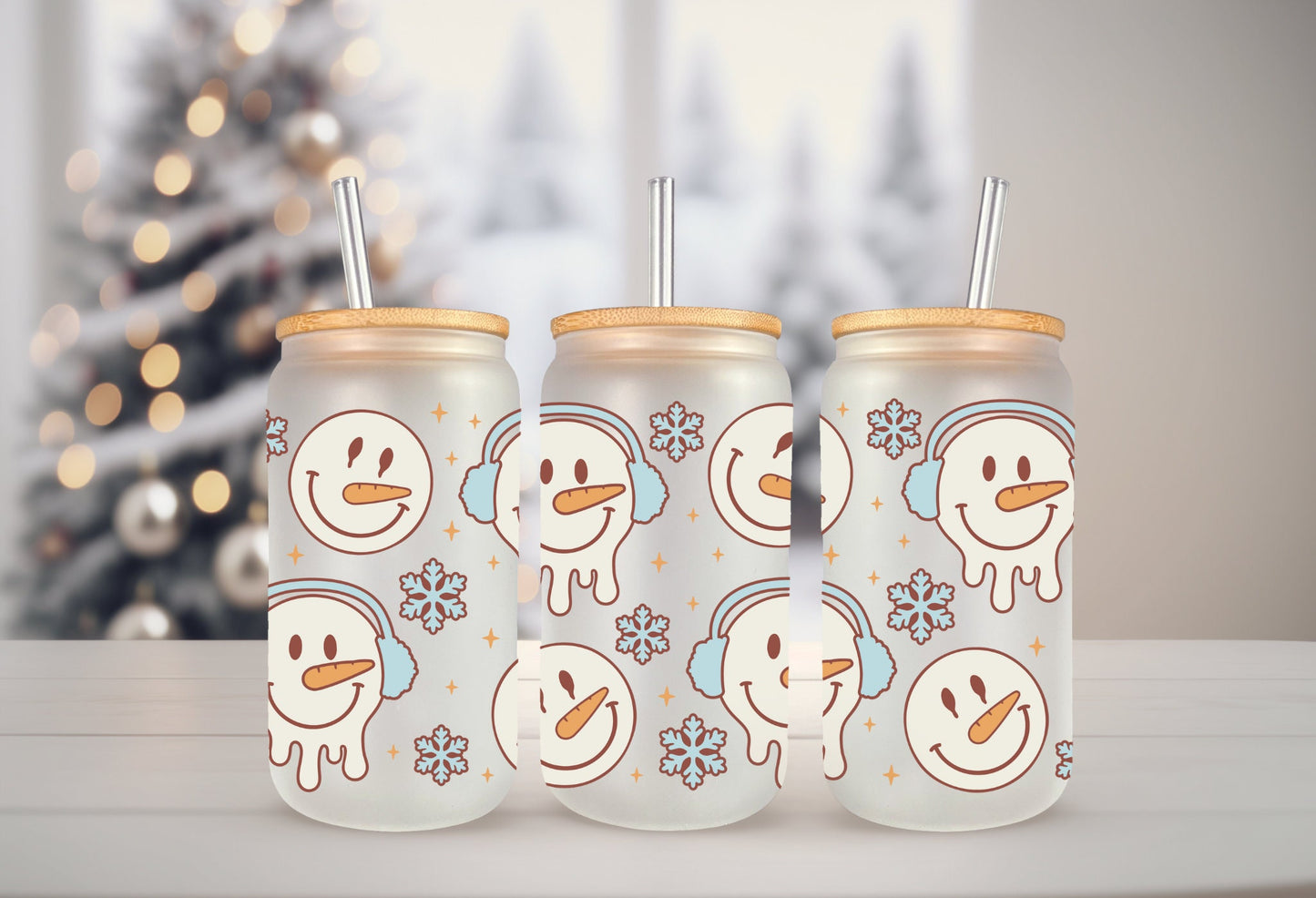 UVDTF Wrap Cute Snowman Winter 16oz Can Glass, Mug, Tumbler, Ready to Apply, Waterproof Permanent Adhesive