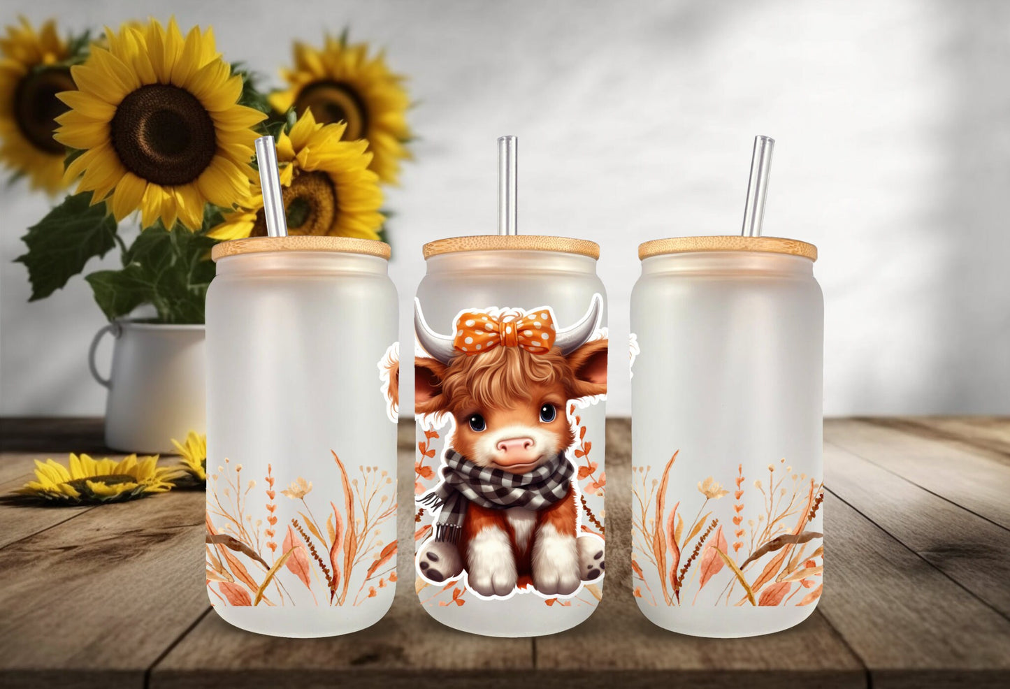 UVDTF Wrap Cute Fall Cow Girl Floral 16 oz Can Glass, Mug, Tumbler, Ready to apply, Permanent Waterproof Adhesive