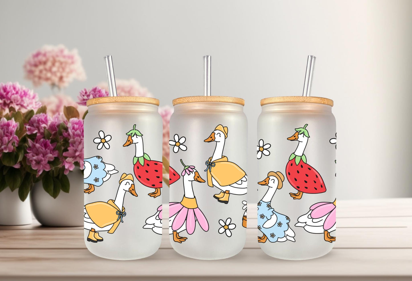 UVDTF Wrap Retro Spring Goose 16oz Can Glass Mug Tumbler Wrap, Geese Wrap, Ready to apply, Permanent Adhesive, Double sided option