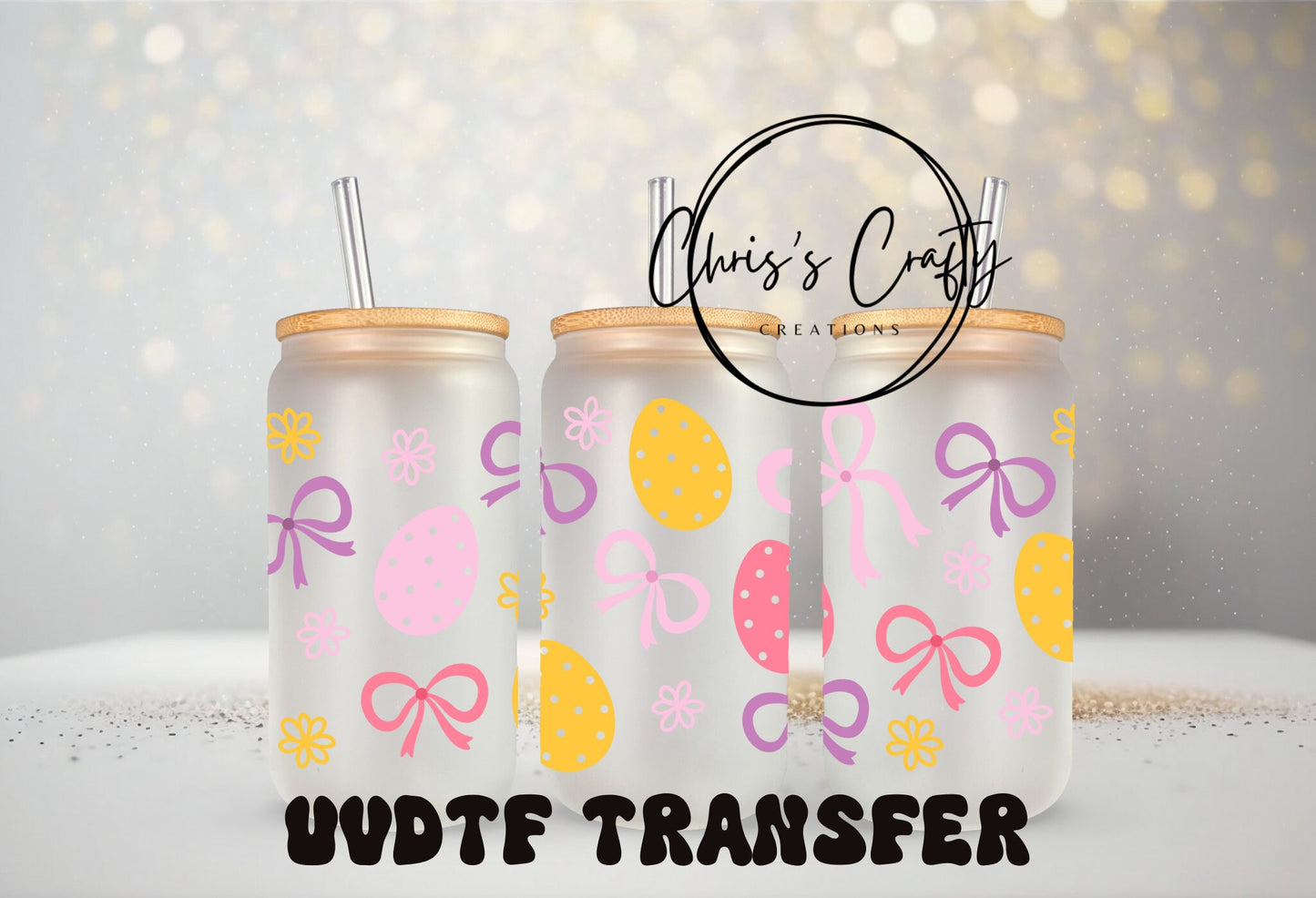 UVDTF Wrap Easter Egg Bows 16oz Can Glass Mug Tumbler,  Ready to apply, Permanent Waterproof Adhesive