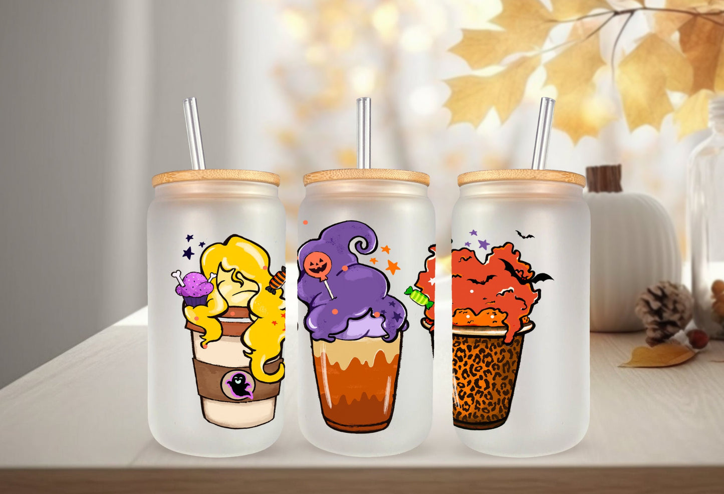 UVDTF Wrap Halloween Witches Iced Coffee for 16oz Can Glass Mug Tumbler, Halloween Wrap, Ready to apply, Permanent Waterproof Adhesive