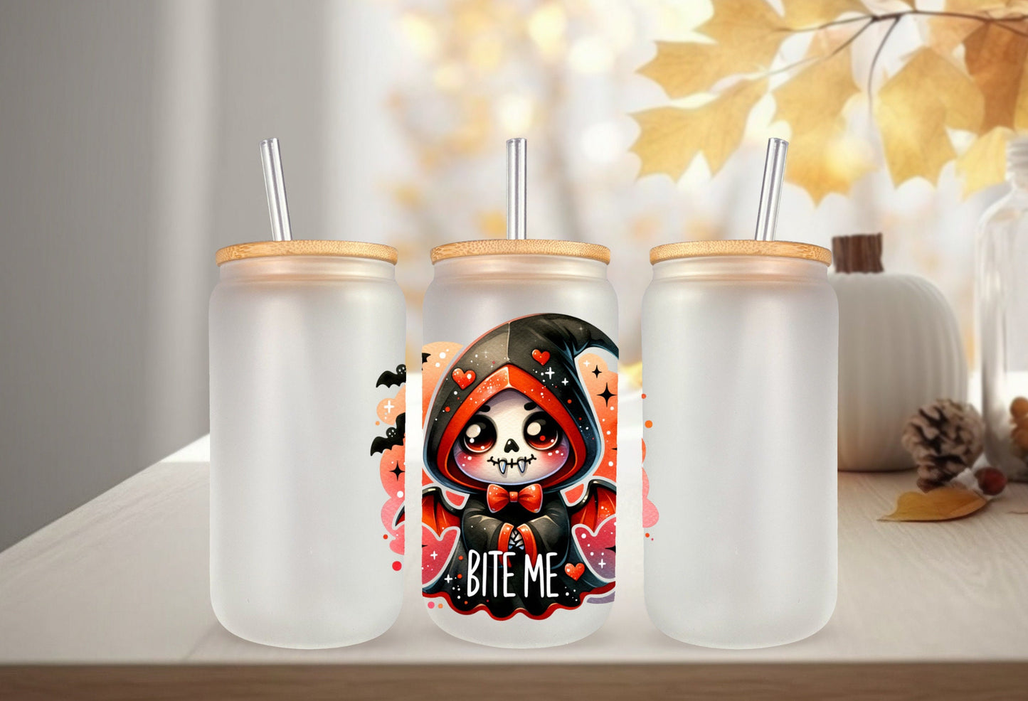 UVDTF Decal Skeleton Reaper Bite Me 16oz Can Glass, Tumbler or Mug, Nurse Decal, Ready to Apply, Permanent Waterproof Adhesive
