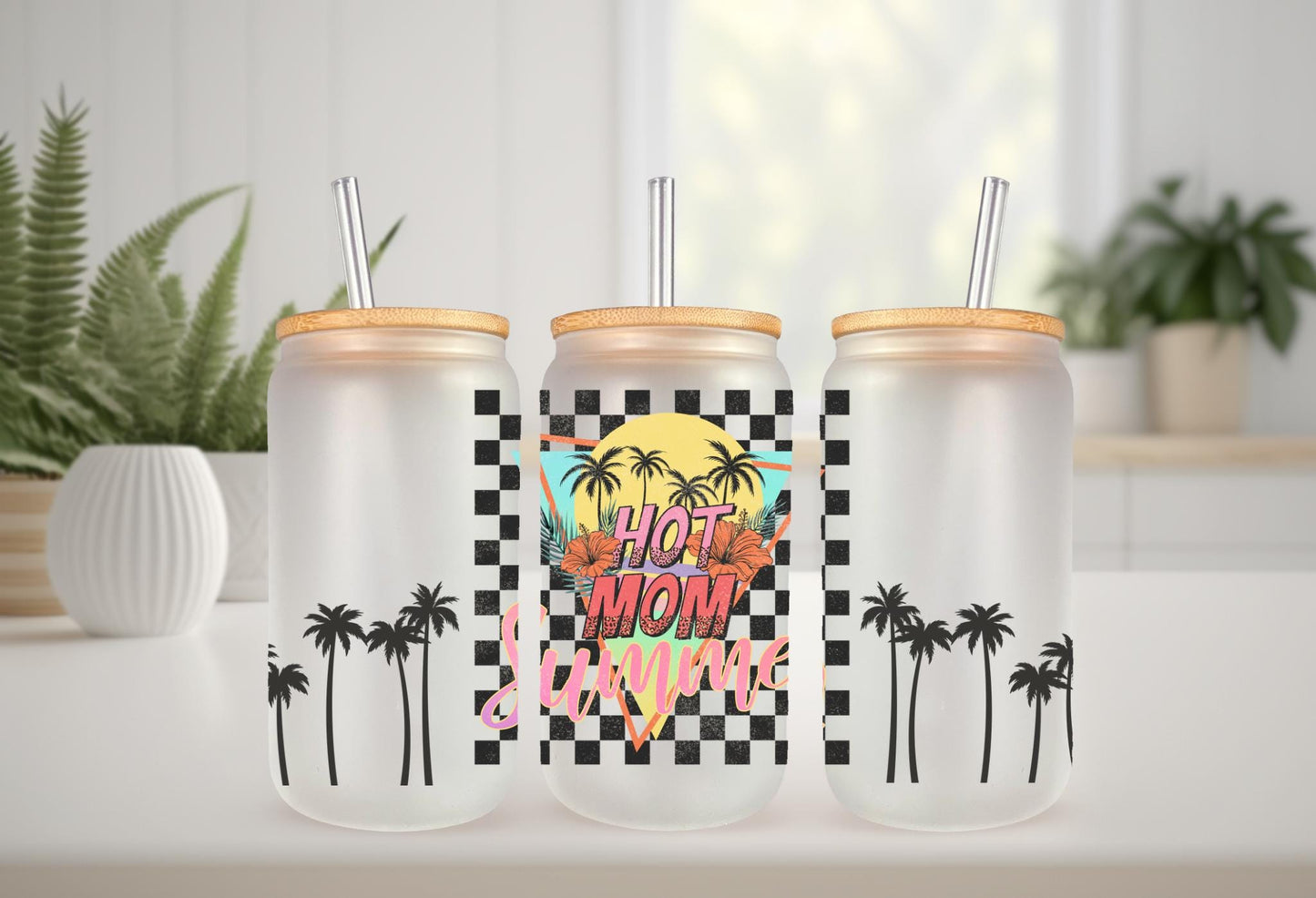 UVDTF Wrap Hot Mom Summer Checkered Palm 16oz Can Glass Mug Tumbler, Ready to apply, Permanent waterproof adhesive